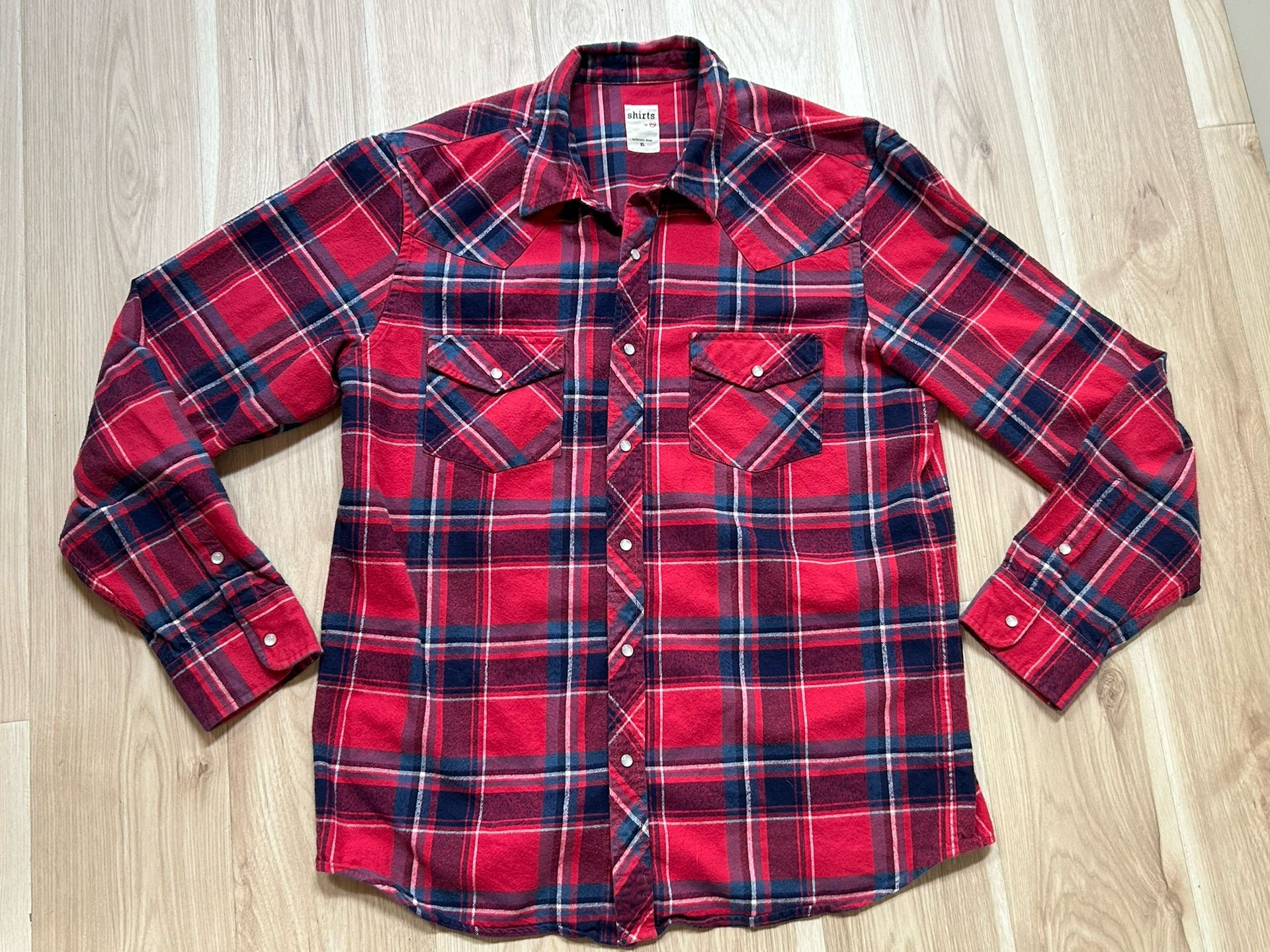 AG Adriano Goldschmied Mens Red Plaid Flannel Button Shirt XL Pearl Snap