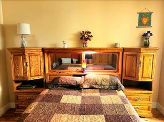 6-Piece Solid Oak Master Bedroom Set – Bed Unit, Armoire, & Near-New Mattress