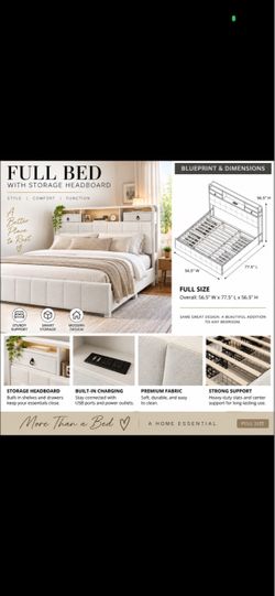 Full bed frame velvet white, with plug-ins four storage shelves