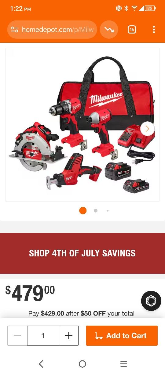 Milwaukee Combo 4 Tools 2 Batteries 1 Charger M18