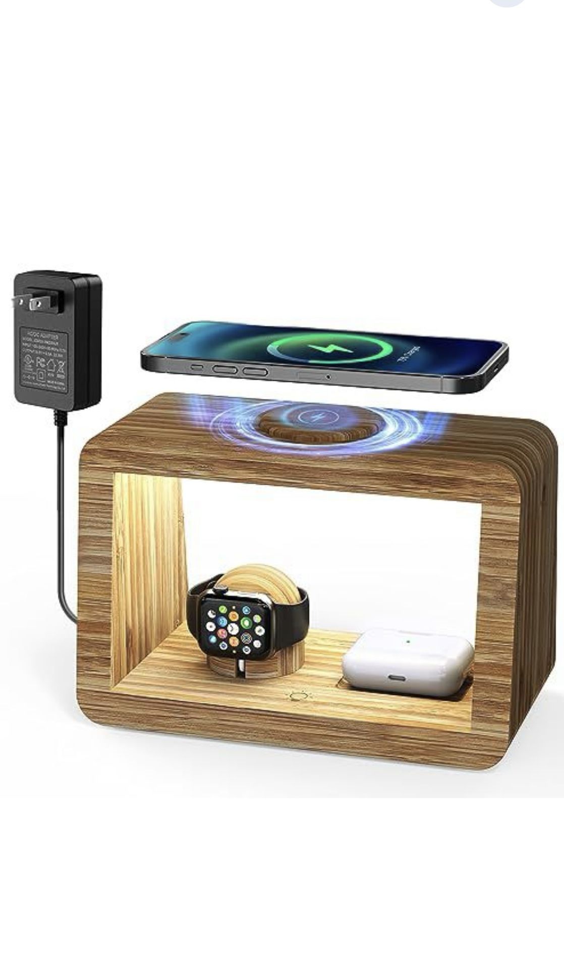 Bamboo Wireless Charging Station: 3-in-1 Mag-Safe Wireless Charger with Night Lights - Fast Charging Stand Compatible with iPhone