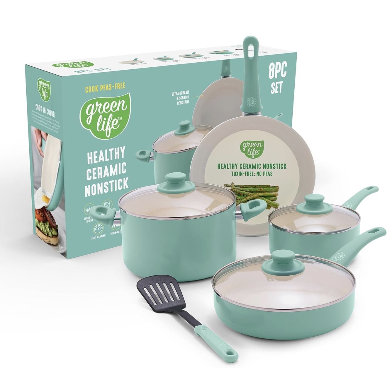NEW GreenLife 8 Piece Nonstick Cookware Set/ Turquoise