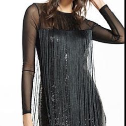 NEW!! Express Black Sequin & Fringe Cocktail/Party  Dress - Mini   L/S Size 0 - NWT
