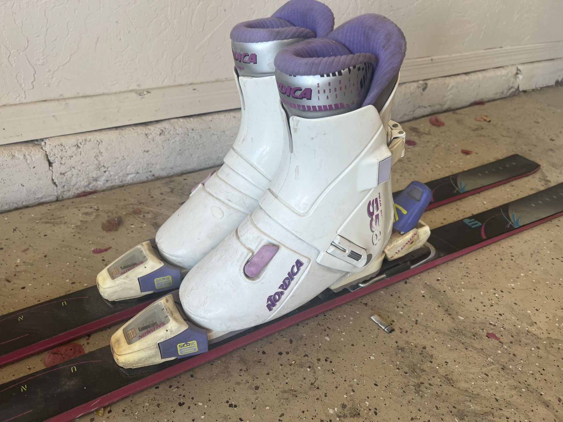 Vintage Skis with Poles, Boots, and Bindings
