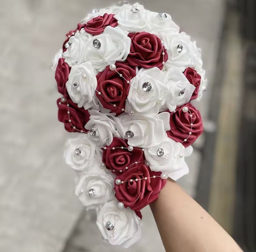 18 cm Waterfall New Wedding Bouquet Bride Bridesmaid Pearl Rhinestone PE Rose Flower for Marriage W330PE Color: white Message me if you are interest