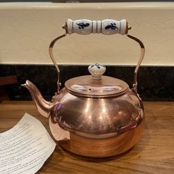 Vintage copper tea kettle w porcelain handle