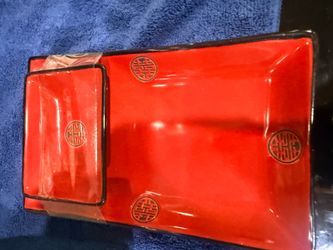 ceramic sushi plate set featuring a "Double Happiness’ red/black