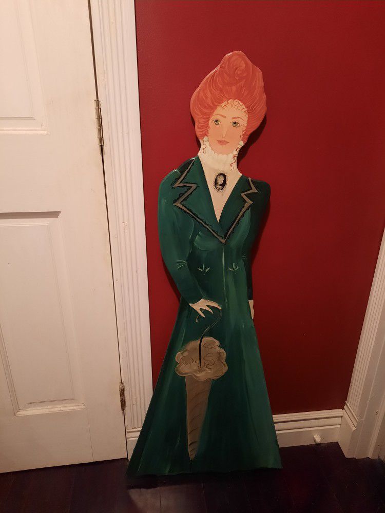 Large Almost 4' - Wood- Victorian Lady Wearing A Cameo And Carrying A Parasol  
