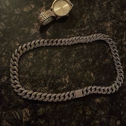 Black And Diamond Cuban Chain And Gold And Silver Watch
