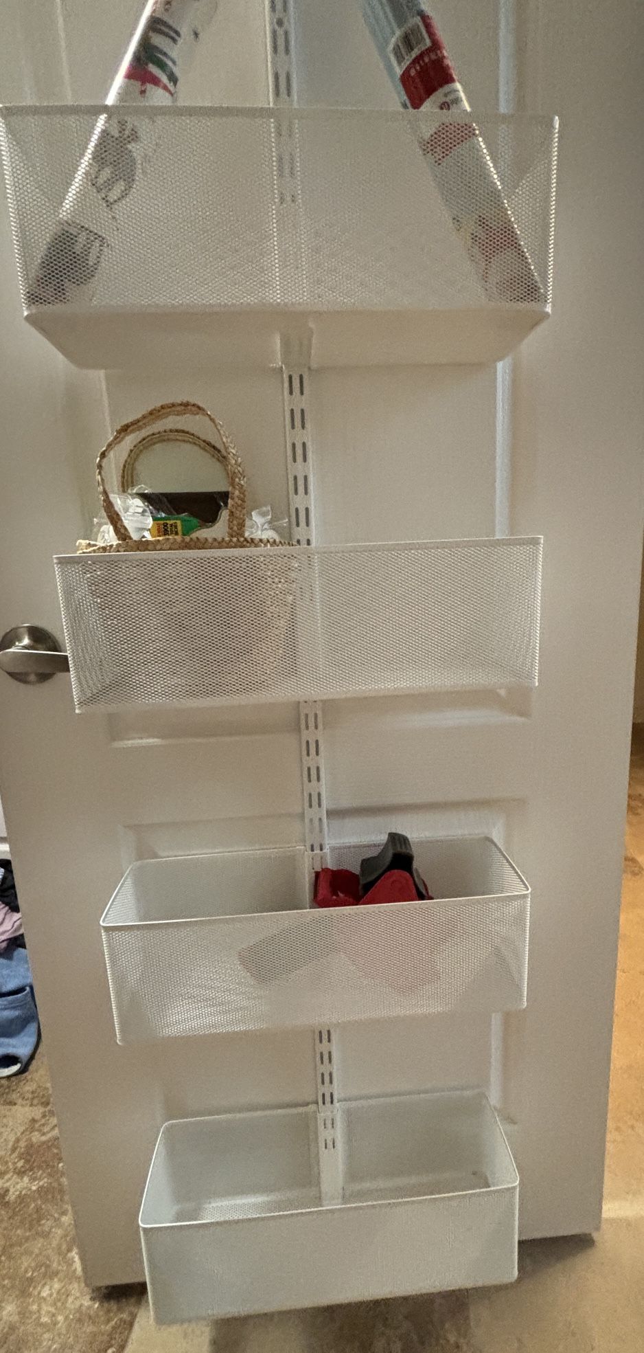 Elfa Utility White Mesh Pantry Over the Door Rack, w/4 adjustable mesh bins + gift wrap roll holder