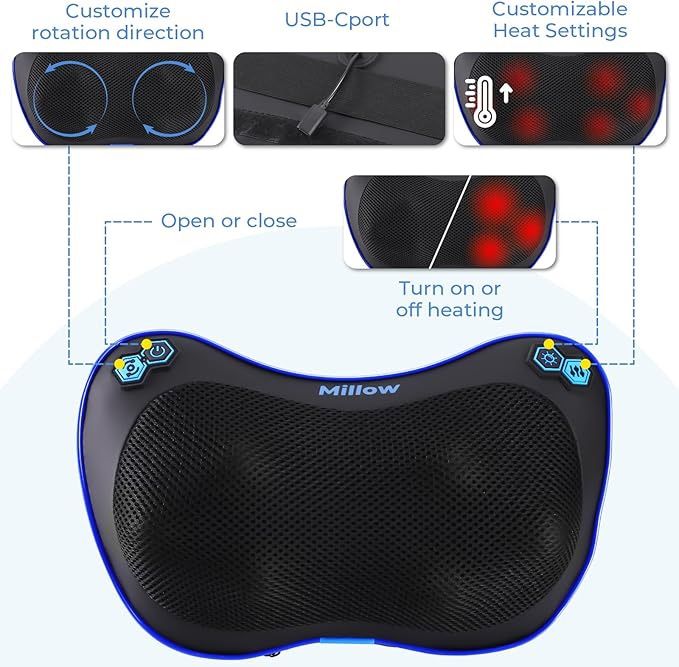 New Sealed* Cordless Massage Pillow with Adjustable Heat – Shiatsu Back and Neck Support Pillow Deep Tissue Electric Massage– Ideal for Home, Car, Cha