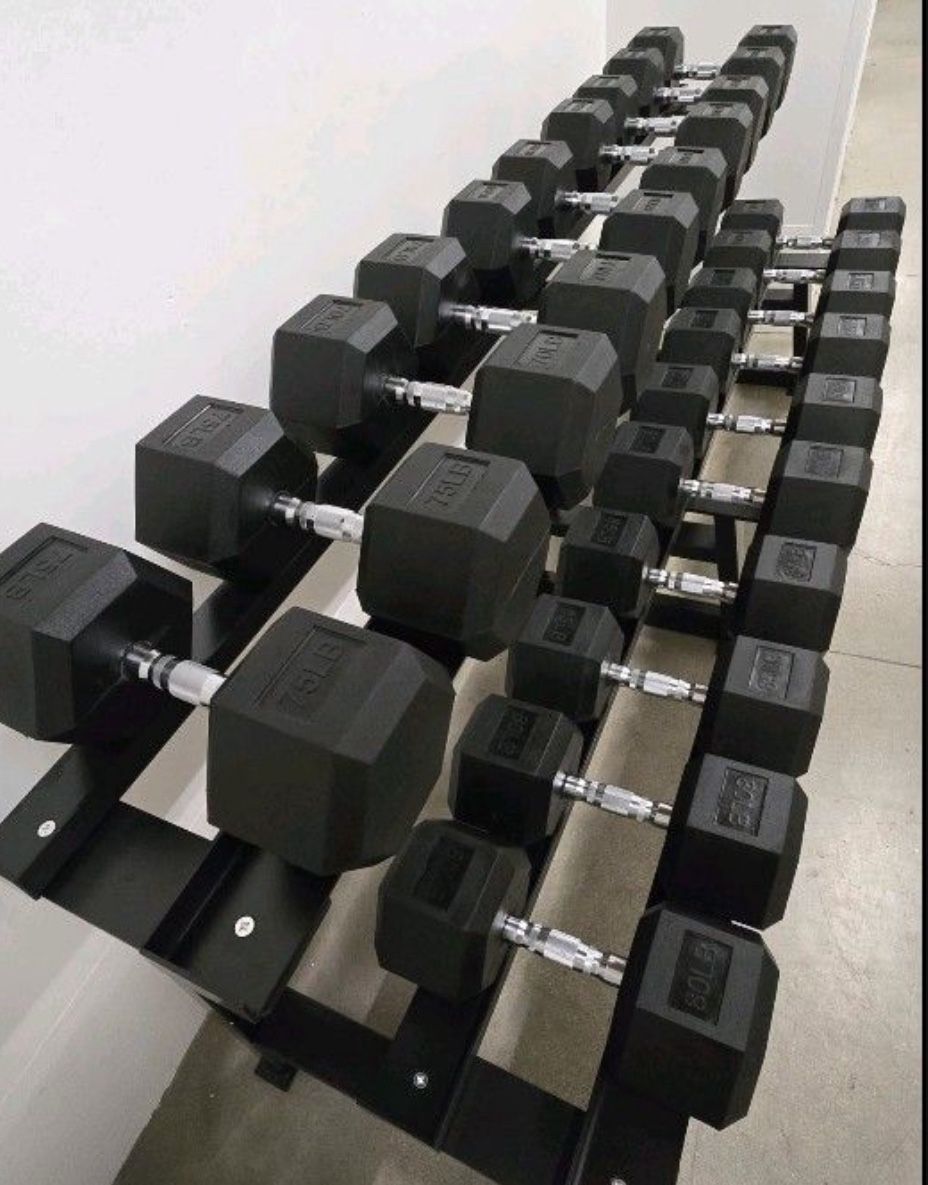 RUBBER HEX DUMBBELLS SET 5-80 Lb. WITH THE RACK.