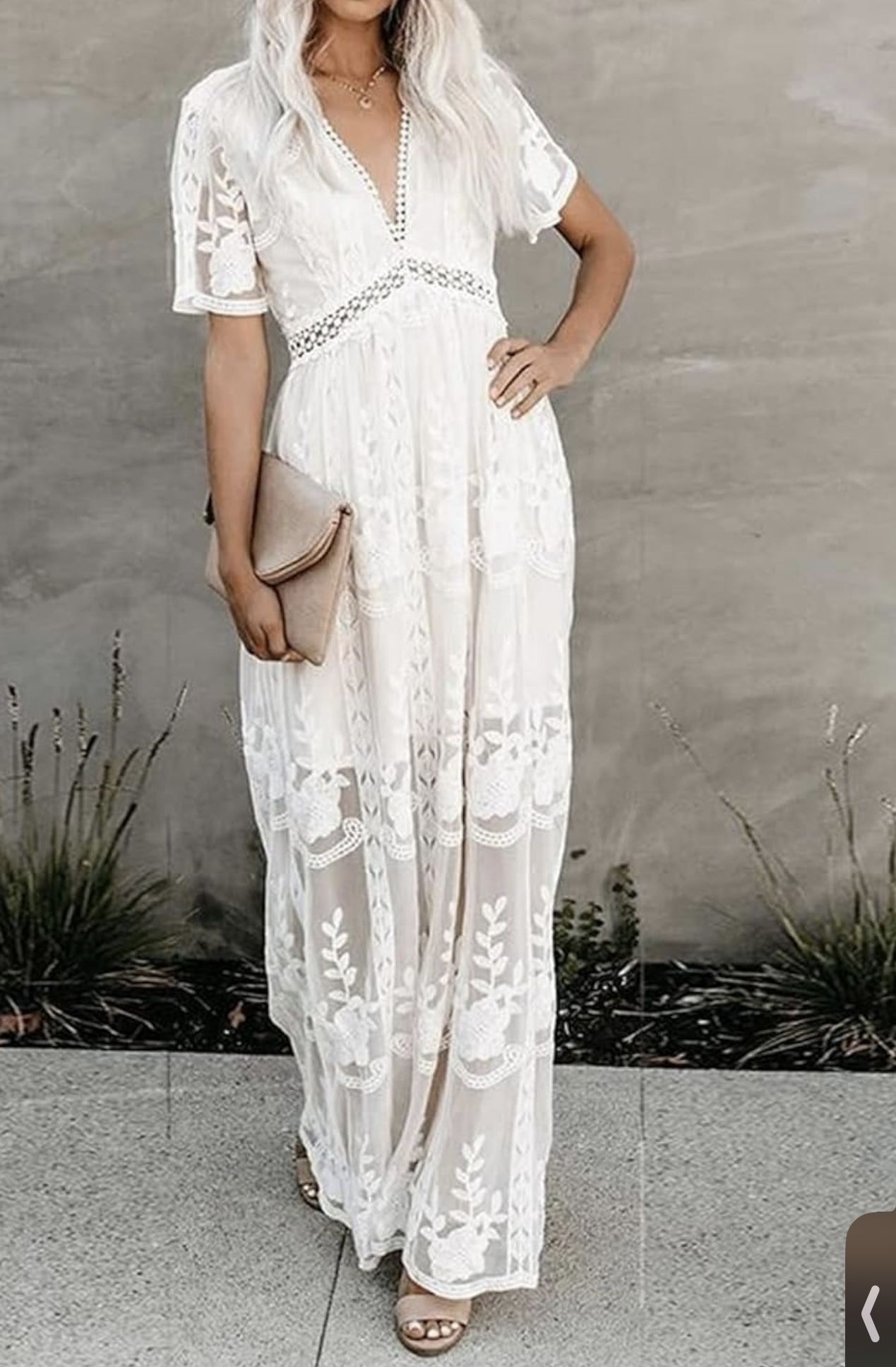 White Women's Lace Romper Dress Deep V-Neck Short Sleeve Floral Lace Long Dress