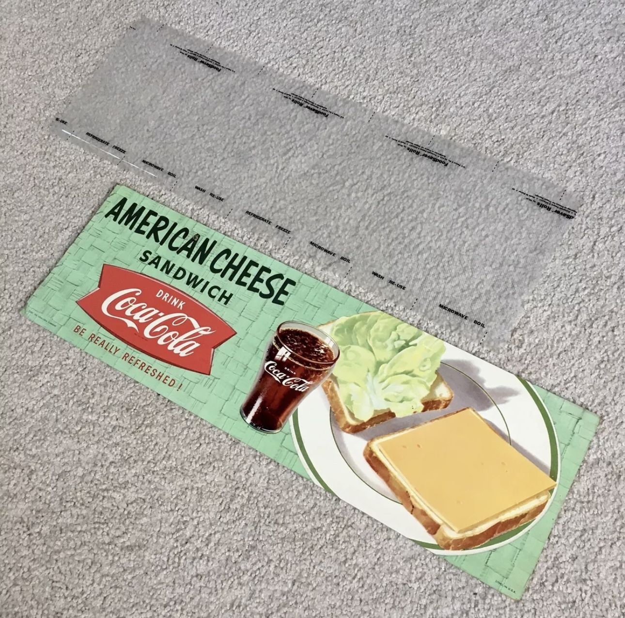 Vintage 1950s Coca-Cola Diner Cardboard Litho Sign American Cheese Sandwich 22”