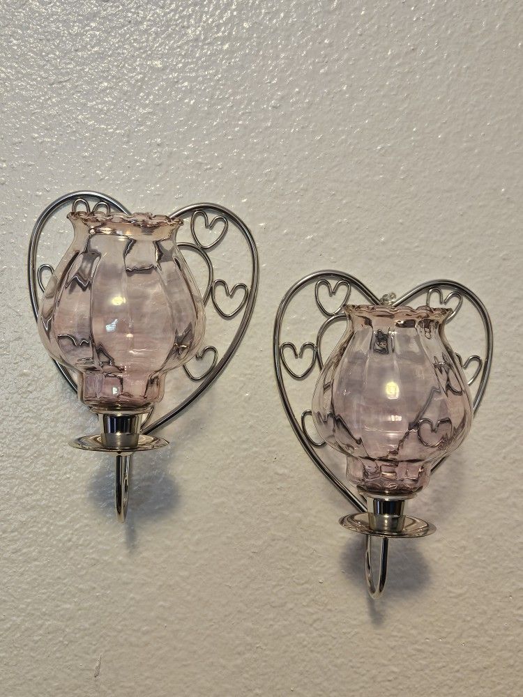 80's Vintage Metal Candle Sconce With Rare Petal Pink Glass Votive