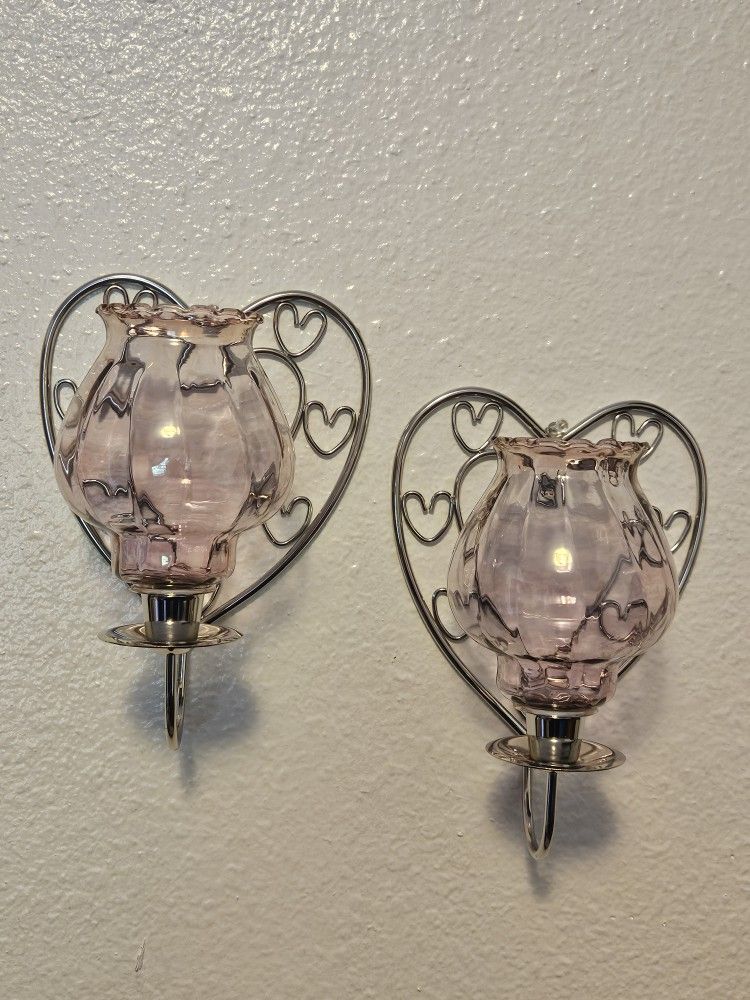 80's Vintage Metal Candle Sconce With Rare  Petal Pink Glass Votive