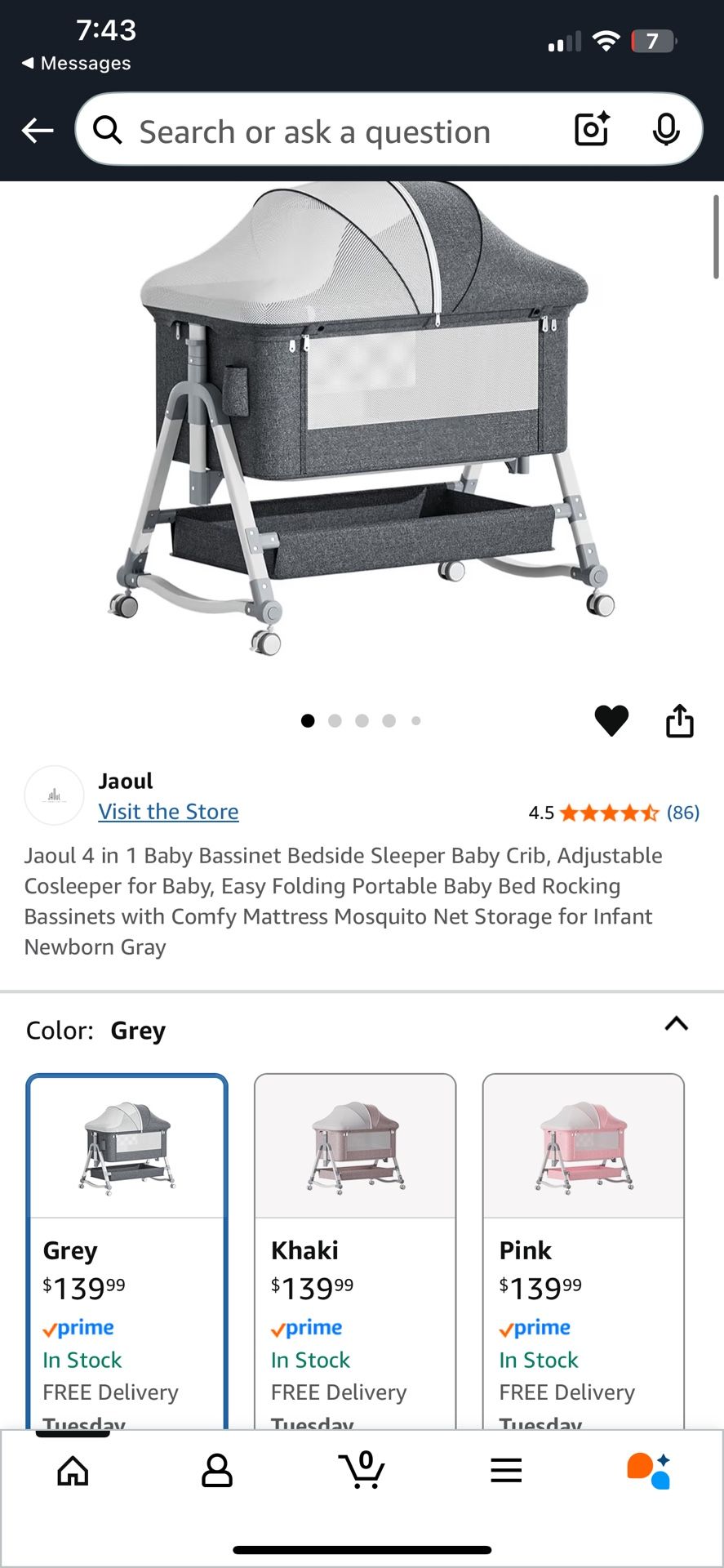 Jaoul 4 in 1 Baby Bassinet Bedside Sleeper Baby Crib, Adjustable Cosleeper for Baby, Easy Folding Portable Baby Bed Rocking Bassinets with Comfy Mattr
