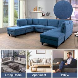 8 Piece U-Shaped Sofa Couch with Reversible Chaise, 118'' Flannel Living Room Furniture Set