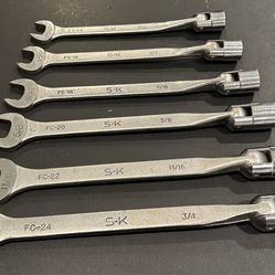 S-K Tools SAE 6 pc Flex Head Socket Open End Wrench Combo  Set 7/16” to 3/4" USA. Vintage USA TOOLS. NO previous owners marks or etchings.  Includes: 