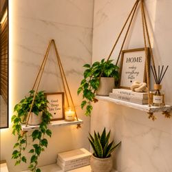 2-Piece Rustic White Hanging Wood Shelves with Rope & 4 Hooks – Floating Wall Decor