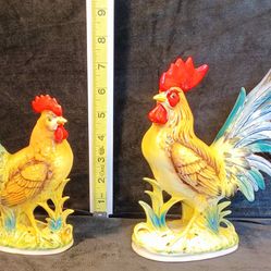 Vintage Hen & Rooster Ceramic Figurines 