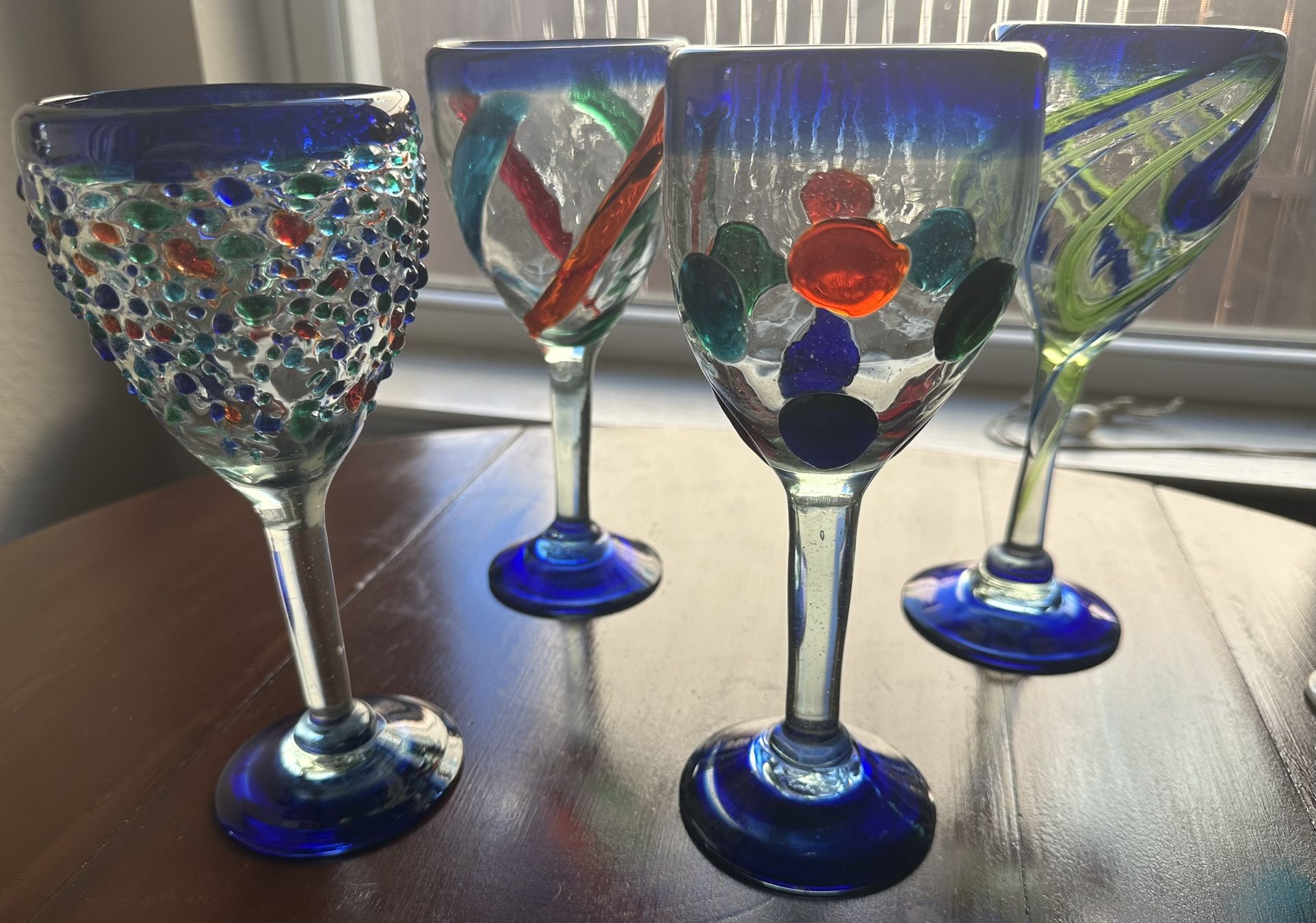 Hand Blown Mexican Art Heavy Wine Bar Glass Multi Color Polka Dot Swirl, Confetti
