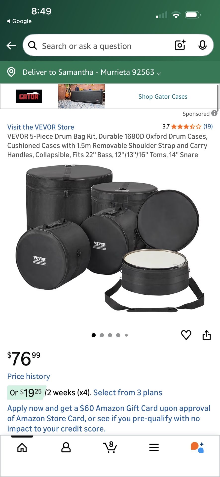 VEVOR 5-Piece Drum Bag Kit, Durable 1680D Oxford Drum Cases, Cushioned Cases with 1.5m Removable Shoulder Strap and Carry Handles, Collapsible, Fits 2