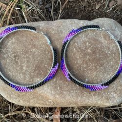 Purple Wave Beaded Hoops, New, Handmade By Me