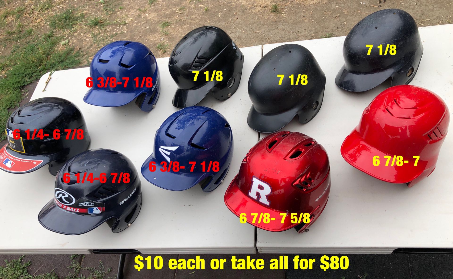 Baseball helmets easton Rawlings mizuno equipment gloves bats demarini Nike $10 each Dont have any one ear flap helmets