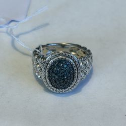 New Sterling Silver Genuine  Blue Diamond Cluster Ring Size 6