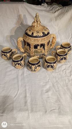 Vintage Marzi & Remy German Stoneware Castle Punch Bowl Set - 7pc
