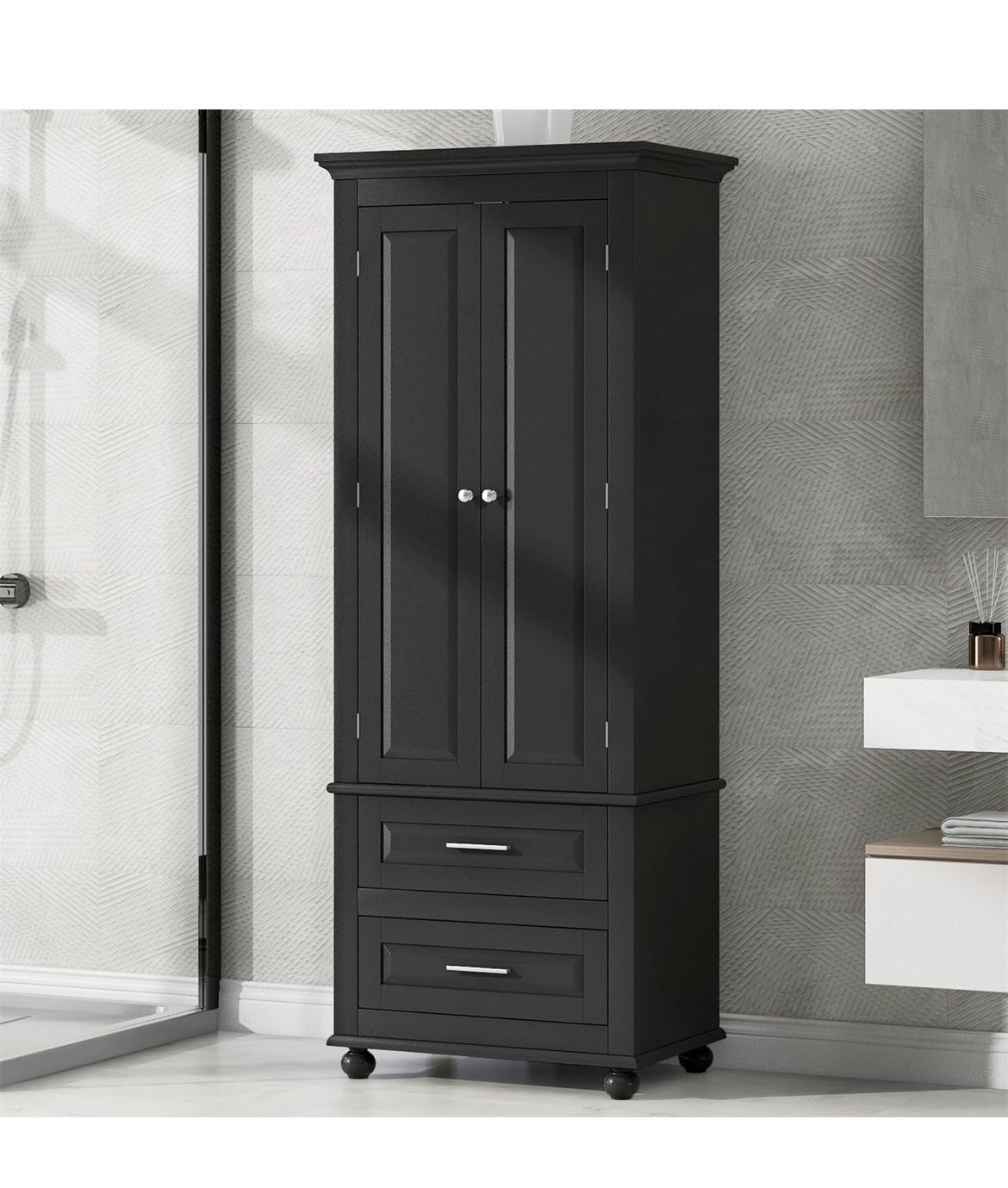 Assembled new Tall Cabinet with 2 Drawers, 3-Tier Adjustable Shelves & 2 Doors