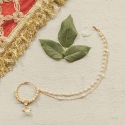 Bollywood Indian Kundan Nose Ring (Nath) with Chain, Clip-on - Gold