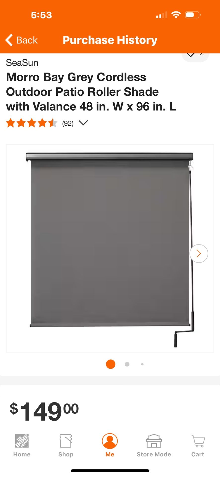SeaSun Morro Bay Grey Cordless Outdoor Patio Roller Shade