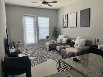Gray Sectional + Pillows, Accent Chair, Rug & Wall Art