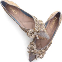 SAILING LU Bow-knot Ballet Flats for Women Pointed Toe Crystals Shoes Comfort Light Weight Loafers US 8.5
