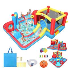  Inflatable Bounce House Water Slide, Adventure A-Maze Waterslide,Obstacle Bounce House w/Slide for Racing Fun, Climbing, Jumping Castle House,Splash 