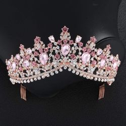 Crown Tiaras for Women Baroque Rose Gold Pink Crystal Bridal Tiara Crown with Comb Pageant Prom Rhinestone