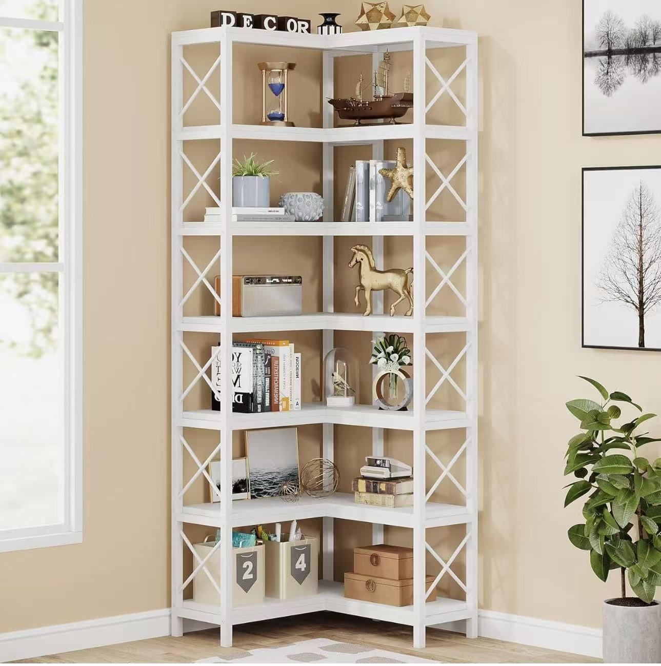 JW0532 new in box 7-Shelf Corner Bookshelf,Large Modern Corner Bookcase, 7-Tier Tall Corner Shelf Storage Display Rack with Metal Frame for Living Roo