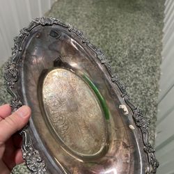 Antique silver plated marked 12” x 7” designer tray