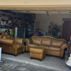 Cognac Leather Sofa + Chair + Ottoman – Nailhead Trim $ 215