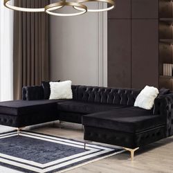 Lydia Velvet Black Double Chaise Sectional /couch /Living room set