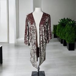 NWT Hinge One Size Crushed Velvet Open Front Cardigan Duster Kimono Burgundy