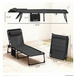 Lounge Chair Outdoor(1 CHAIR ONLY) , 5-Position Adjustable Sun Tanning Chair with Carrying Handle and Side Pocket, Folding Bed Cot with Removable Pill