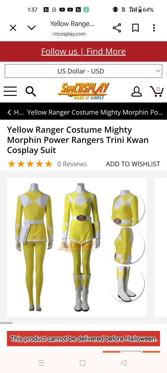 Yellow Power Ranger Trini Kwan women's Costume