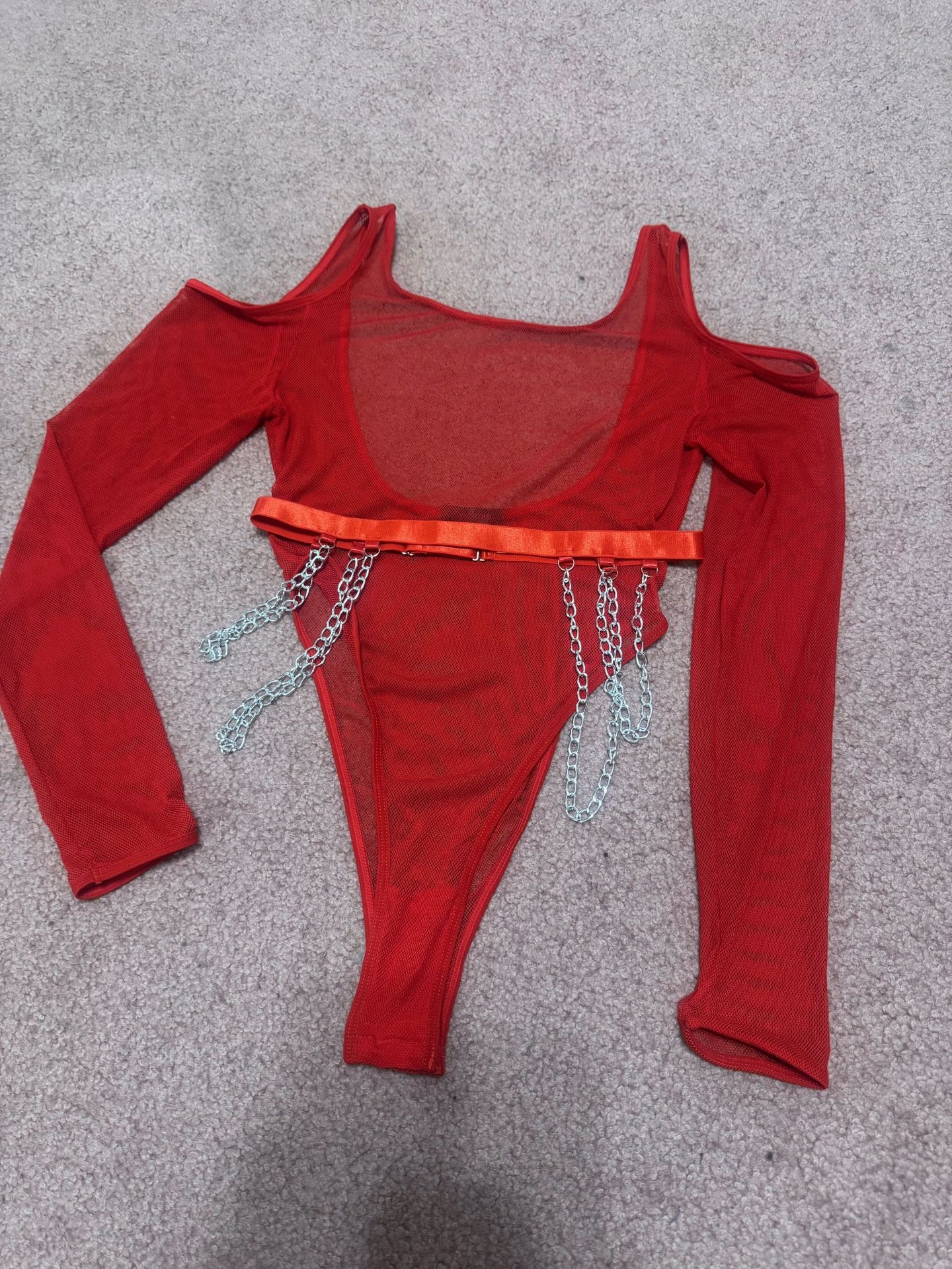 New Small Red Mesh Bodysuit Lingerie Festival Outfit