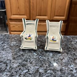 Vintage Japan Ceramic Rocking Chair pair of salt and pepper shakers.  Size approximately 3 inches tall.  Preowned with original cork stoppers. 