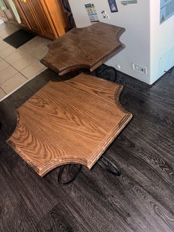 Vintage Solid Wood & Wrought Iron End Tables – Set of 2