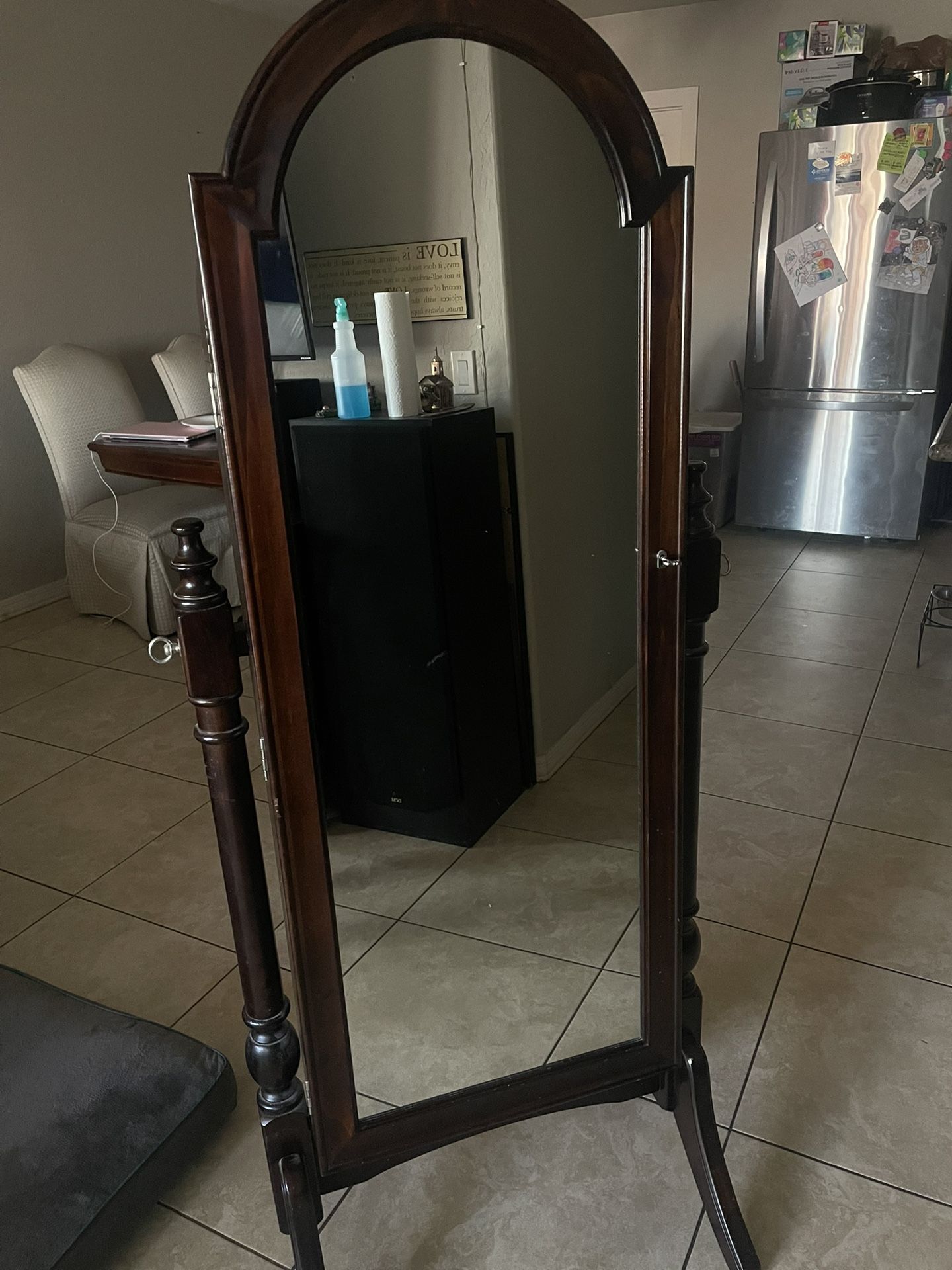 Vintage Custom Mahogany Wood Traditional Style Floor Full Length Cheval Mirror and Lockable Jewelry Armoire