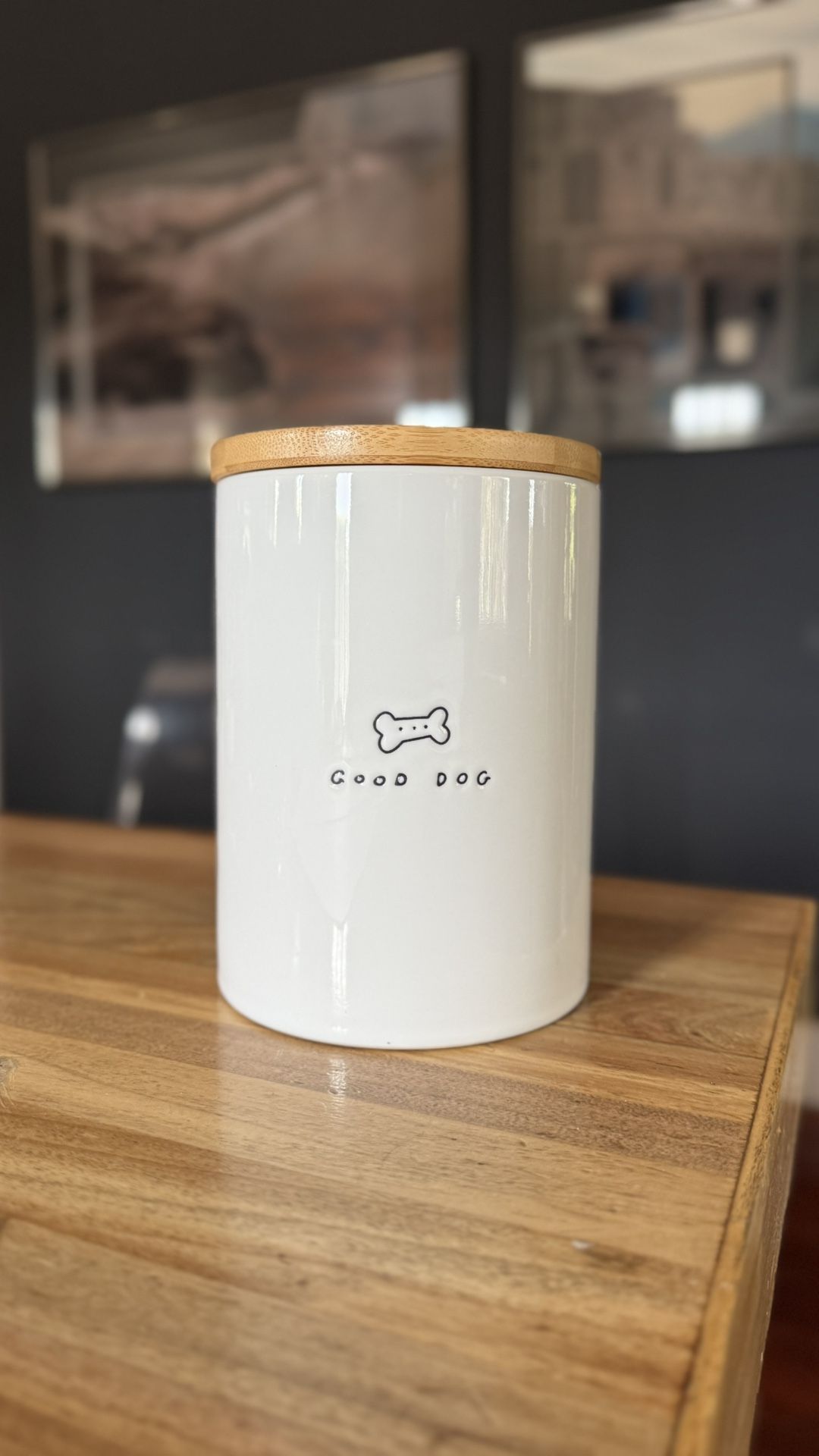 Good Dog White Ceramic Treat Jar Bamboo Lid